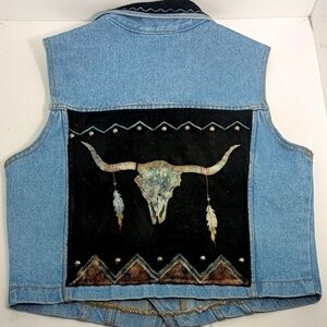Patricia wolf hand painted leather denim vest studs Steer Skull Feathers $295 M